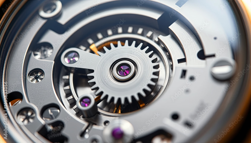 Poster close-up view highlights the gears and jewels inside a mechanical watch, illustrating fine craftsman