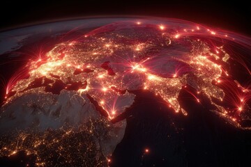 Obraz premium Resilient global logistics. A glowing nighttime satellite view of Europe and Asia showing illuminated cities connected by bright red digital network lines.