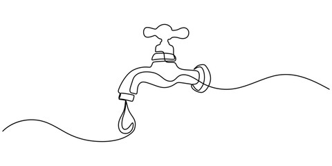 Water Tap continuous one line drawing minimalism design, Single line drawing of faucet with water drop, Water Shortage Continuous Line Editable Stroke Line, Black water tap with flowing water.
