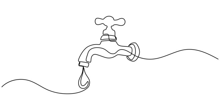 Water Tap continuous one line drawing minimalism design, Single line drawing of faucet with water drop, Water Shortage Continuous Line Editable Stroke Line, Black water tap with flowing water.