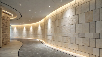 Obraz premium Modern curved hallway with beige stone wall and subtle lighting