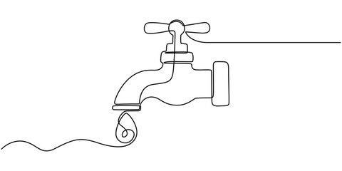 Water Tap continuous one line drawing minimalism design, Single line drawing of faucet with water drop, Water Shortage Continuous Line Editable Stroke Line, Black water tap with flowing water.