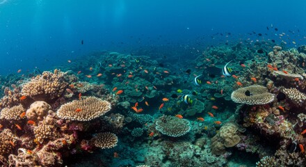 The underwater marine ecosystem is filled with diverse reef structures and wildlife.