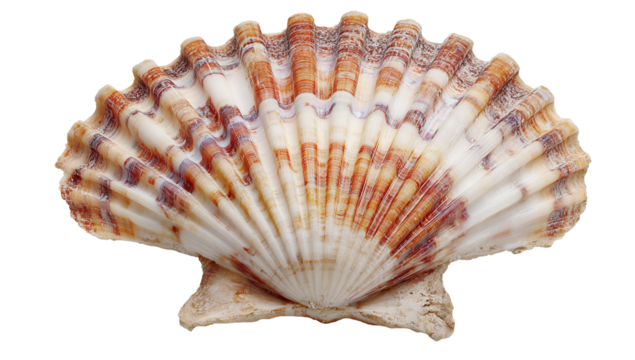 Intricate scallop seashell with natural ridges and beautiful orange-brown patterns, perfect for coastal decor, marine life themes, and aquatic nature designs isolated.