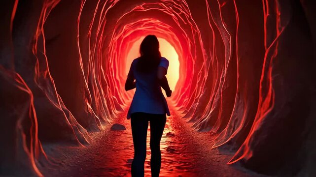 Panic Attack, Mental Health, Anxiety Disorder. Emotional Trauma. Silhouette flees through ominous tunnel. Red illumination intensifies fear perception. Anxiety triggers somatic responses.