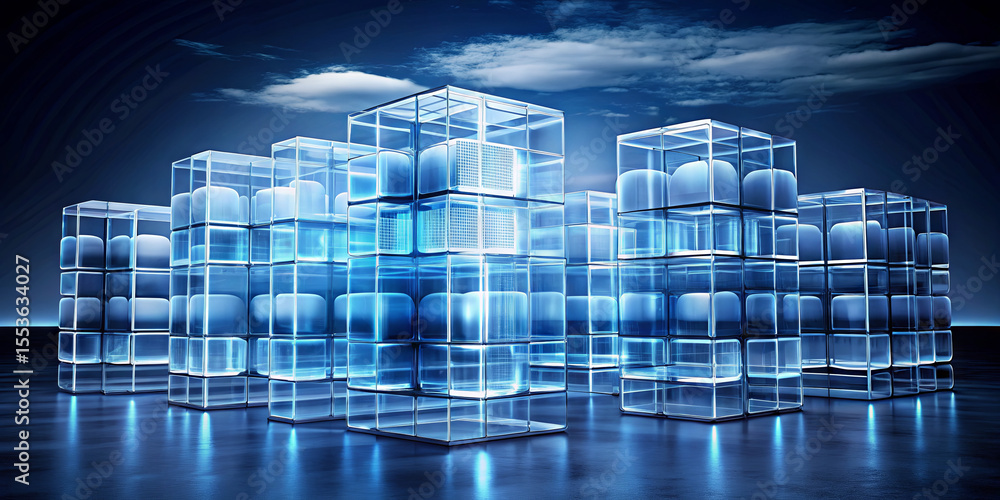 Poster advanced data storage systems are showcased in a sleek, futuristic design under a moody, cloudy sky 