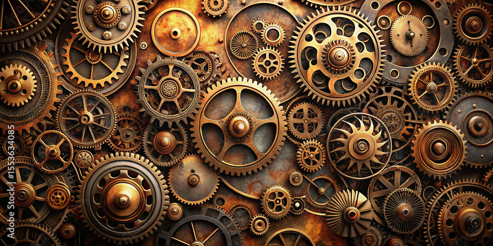 Poster an intricate display of vintage gears in various sizes and textures fills the backdrop with a steamp