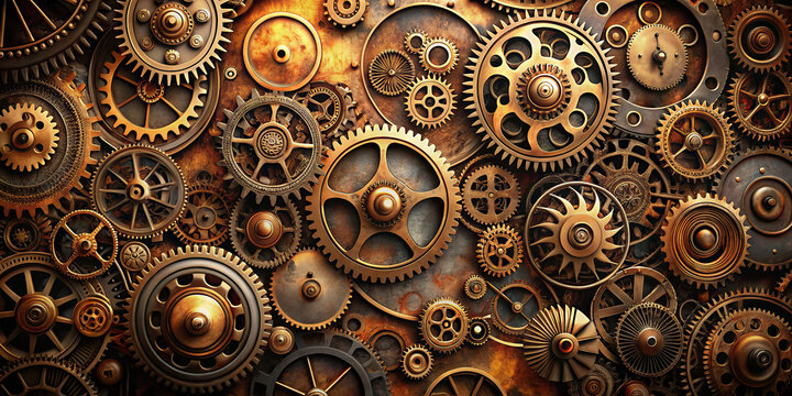 An intricate display of vintage gears in various sizes and textures fills the backdrop with a steampunk feel. The warm tones and detailed craftsmanship evoke a sense of history and innovation
