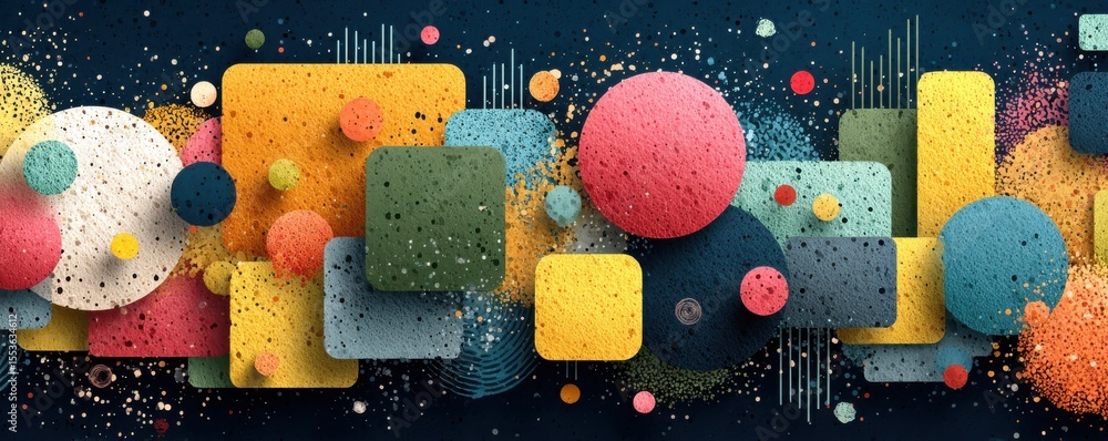 Poster colorful abstract geometric composition with circles and squares on a dark background