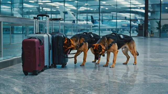 Dogs checking luggage at the airport.
