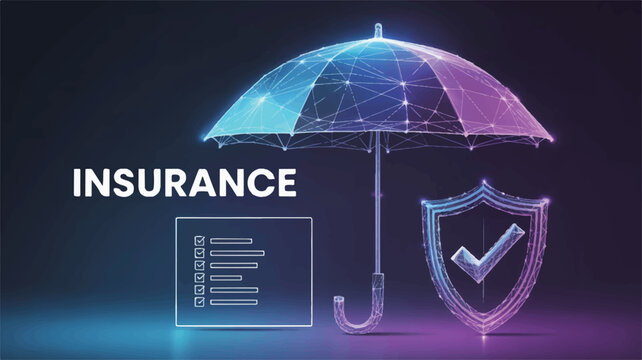 Protection in Digital Realm: An artistic depiction of an umbrella, shield, and checklist, representing comprehensive insurance, with a futuristic digital aesthetic.