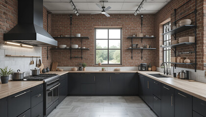 Captivating brick kitchen showcases modern design with sleek dark cabinetry and butcher block countertops adding warmth and character.