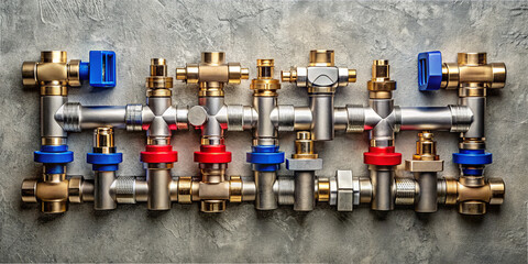 Different types of plumbing pipes and fittings are neatly arranged on a textured concrete surface, highlighting various materials and colors