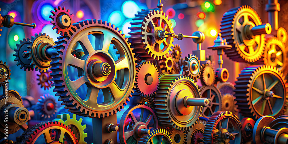 Poster a collection of intricate gears and cogs showcases an array of colors while illuminated by soft ligh