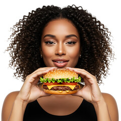 young woman eating a hamburger