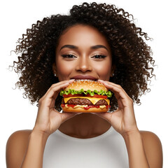 young woman eating a hamburger