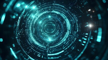 Teal glowing circular digital interface.