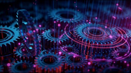 abstract visualization of industry 4.0, interconnected gears and digital data streams, converging lines, deep blue and purple palette, volumetric lighting, cybersecurity elements - Powered by Adobe