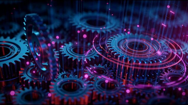 abstract visualization of industry 4.0, interconnected gears and digital data streams, converging lines, deep blue and purple palette, volumetric lighting, cybersecurity elements