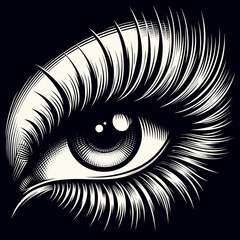 Naklejka premium Detailed black and white illustration of an eye with long lashes and striking features