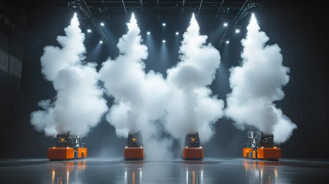 Orange-bodied, fog-producing machines on a dark stage