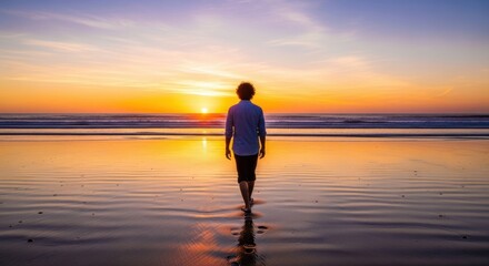 Young male watching sunset at beach: serene ocean horizon with dramatic sky reflection