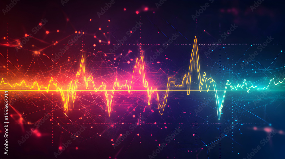 Poster abstract vibrant waveform data visualization. neon colors illuminate complex network connections, de