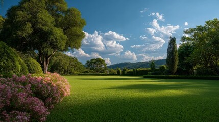 Fototapeta premium A Lush Green Lawn with Trees and Flowers