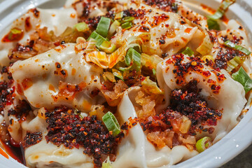 Chinese boiled dumplings with chili oil from the White Bear in Flushing, NY, USA