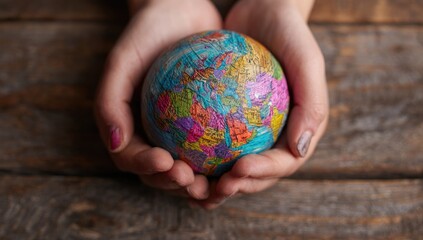 A child's hands gently hold a small, colorful globe