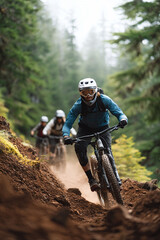 Mountain bikers riding downhill through a forest. Action shot conveying speed, freedom, and adventure. Ideal for sports, outdoor, and lifestyle themes.