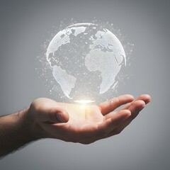 Human hand holding a glowing digital globe with interconnected network lines