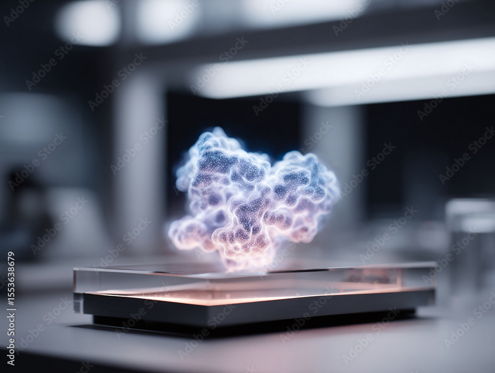 Poster abstract depiction of complex moleculecloud on a platform in a lab. visualizes science, technology, 