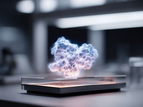 Abstract depiction of complex moleculecloud on a platform in a lab. Visualizes science, technology, innovation, research, and cuttingedge progress. Great for medical, tech.
