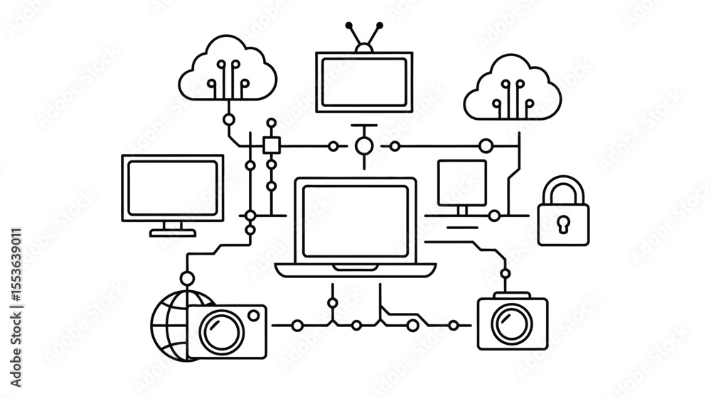 Poster connected devices and cloud services network diagram with security lock icon