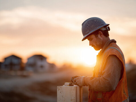 Construction worker silhouetted against a vibrant sunset. A symbol of hard work, dedication, and the building of a future. Perfect for illustrating industries, labor, and achievement.