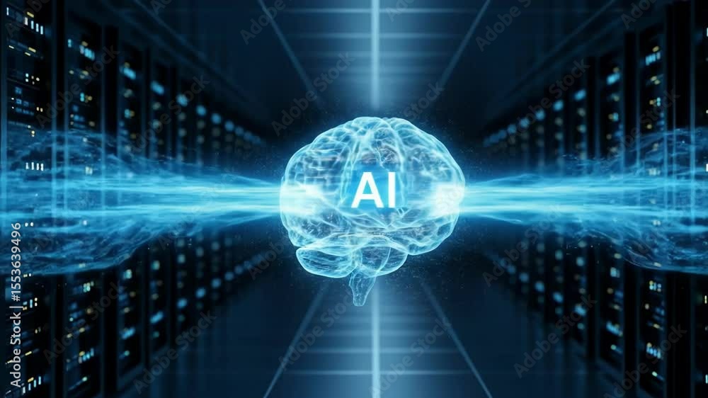 Poster artificial intelligence brain glows with digital connections in a server room