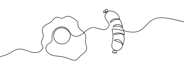Continuous line, fried egg and sausage Minimal hand drawn line vector cut out background editable stroke.