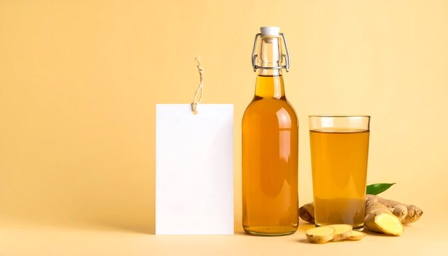 Kombucha Bottle Mockup With Blank Paper Tag And Full Glass On Beige Background