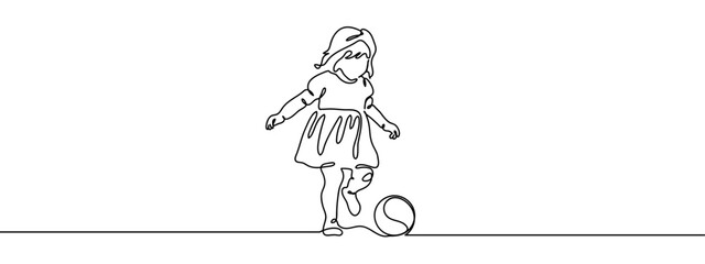 Continuous line. Girl is kicking a football. Minimal hand drawn line vector cut out background editable stroke.