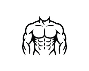 Stylized black and white illustration of a muscular male torso with defined abs