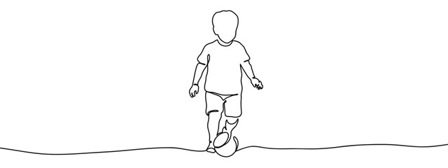 Continuous line, boy is playing football. Minimal hand drawn line vector cut out background editable stroke.