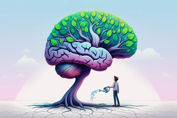 Person watering a large, tree-like brain with green leaves, symbolizing mental growth and knowledge. Man splashes the tree using a sprinkling can, taking care of cognitive health. Human mind concept
