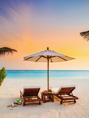 Obraz premium Two wooden lounge chairs under an umbrella sit on a white sand beach, facing a tranquil turquoise ocean. A side table holds fresh fruits and cocktails. Summertime serene relaxation concept