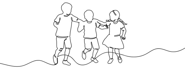 Continuous line, group of people, group of boys and girls are running and playing. Minimal hand drawn line vector cut out background editable stroke.