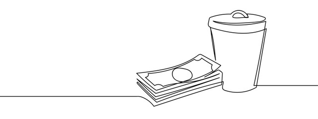 Continuous line, trash can and banknotes, wrong investment, financial business idea, concept Minimal hand drawn line vector cut out background editable stroke.