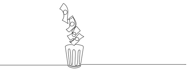 Continuous line, trash can and banknotes, wrong investment, financial business idea, concept Minimal hand drawn line vector cut out background editable stroke.