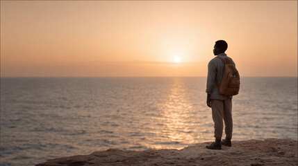 Fototapeta premium A man silhouetted against a vibrant sunset stands on a cliff overlooking the ocean, embodying travel, reflection, and hope. Ideal for themes of adventure, freedom, and personal growth.