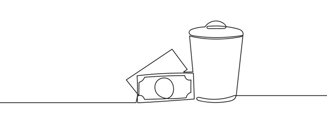 Continuous line, trash can and banknotes, wrong investment, financial business idea, concept Minimal hand drawn line vector cut out background editable stroke.