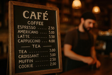 A rustic chalkboard menu board showcases coffee, tea, and bakery prices in a warm, inviting cafe setting with a blurred barista in the background.